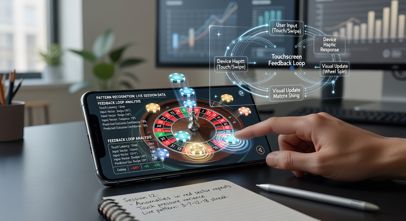Close-up of a mobile device screen displaying a live roulette wheel with finger touch interaction and visual feedback indicators