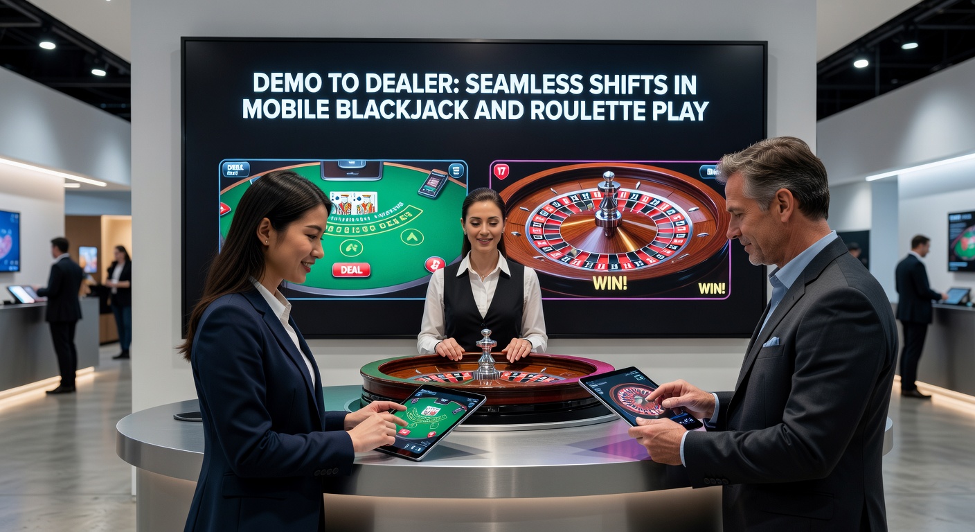 Mobile screen showing a seamless switch from demo blackjack table to live dealer roulette wheel, highlighting intuitive UI buttons and real-time transitions