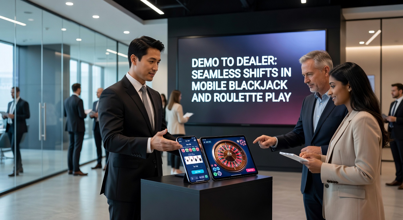 Close-up of a mobile app interface demonstrating the one-tap transition from free demo roulette to live dealer blackjack, with deposit prompts and live stream preview